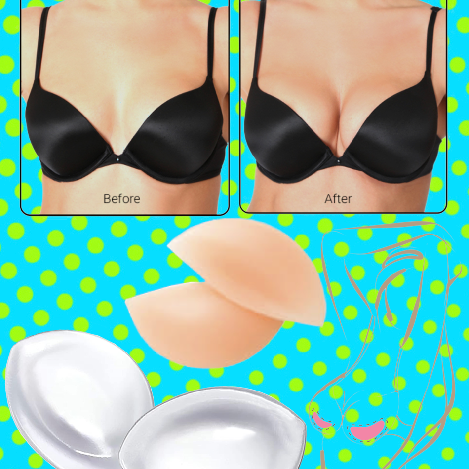 Silicone push-up bra inserts and cleavage enhancers, with before and after in a black bra