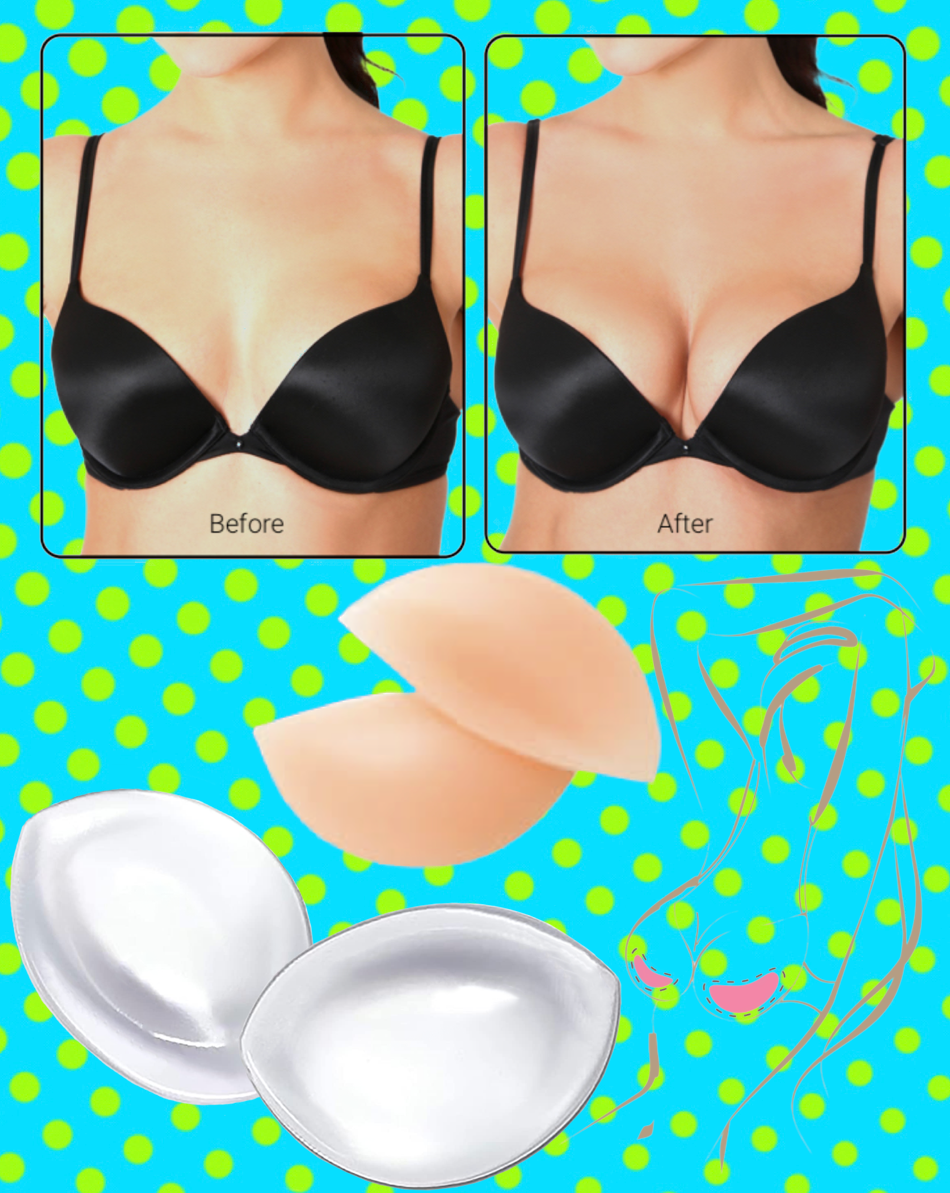 Silicone push-up bra inserts and cleavage enhancers, with before and after in a black bra