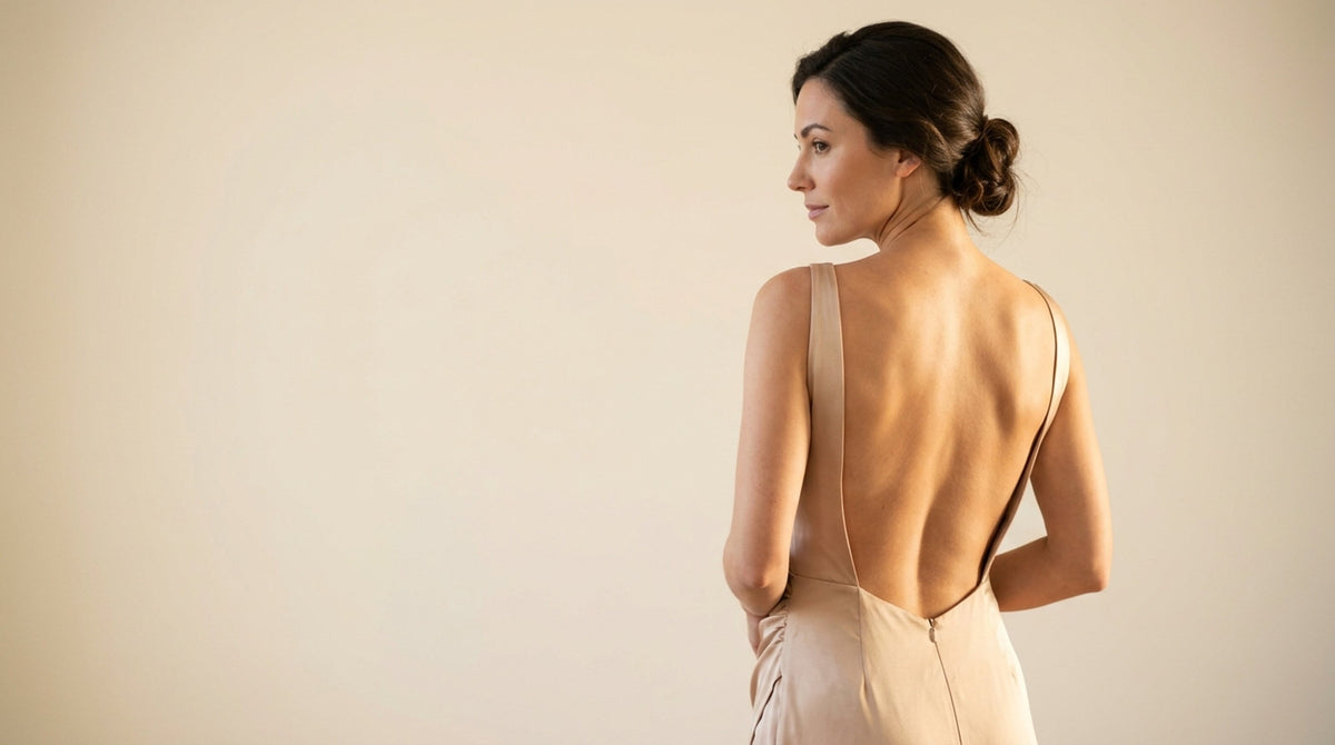 Woman in an open-back evening dress, bare back with no bra straps showing