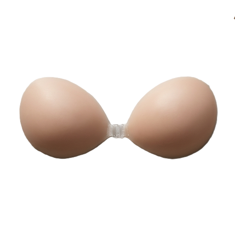 Beige strapless bra on a white background